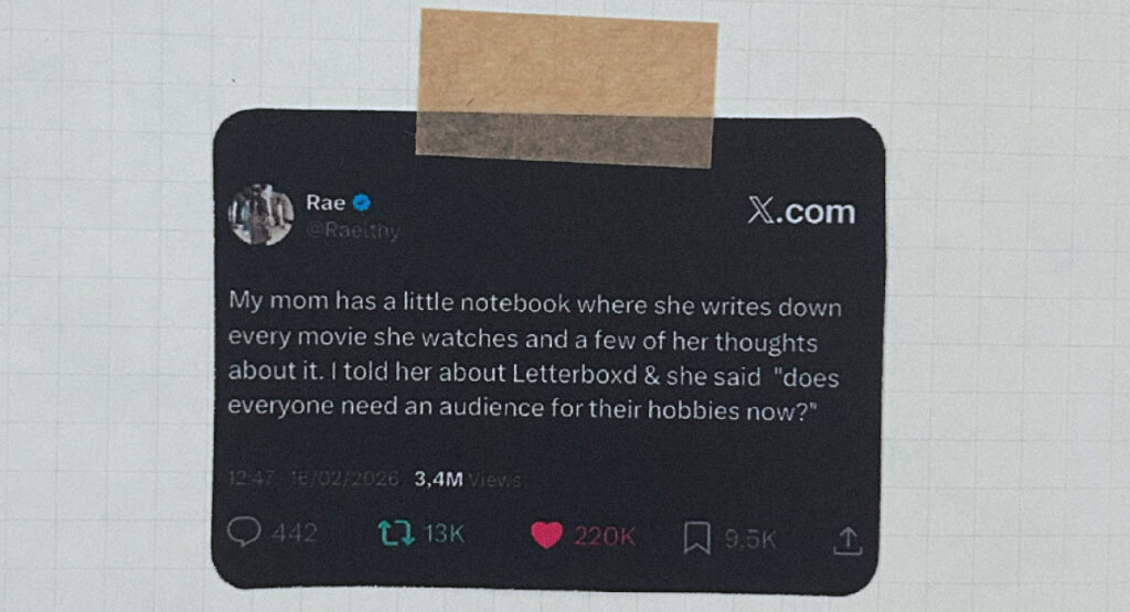 blog in-line image of tweet "my mom has a little notebook where she writes down every movie she watches"
